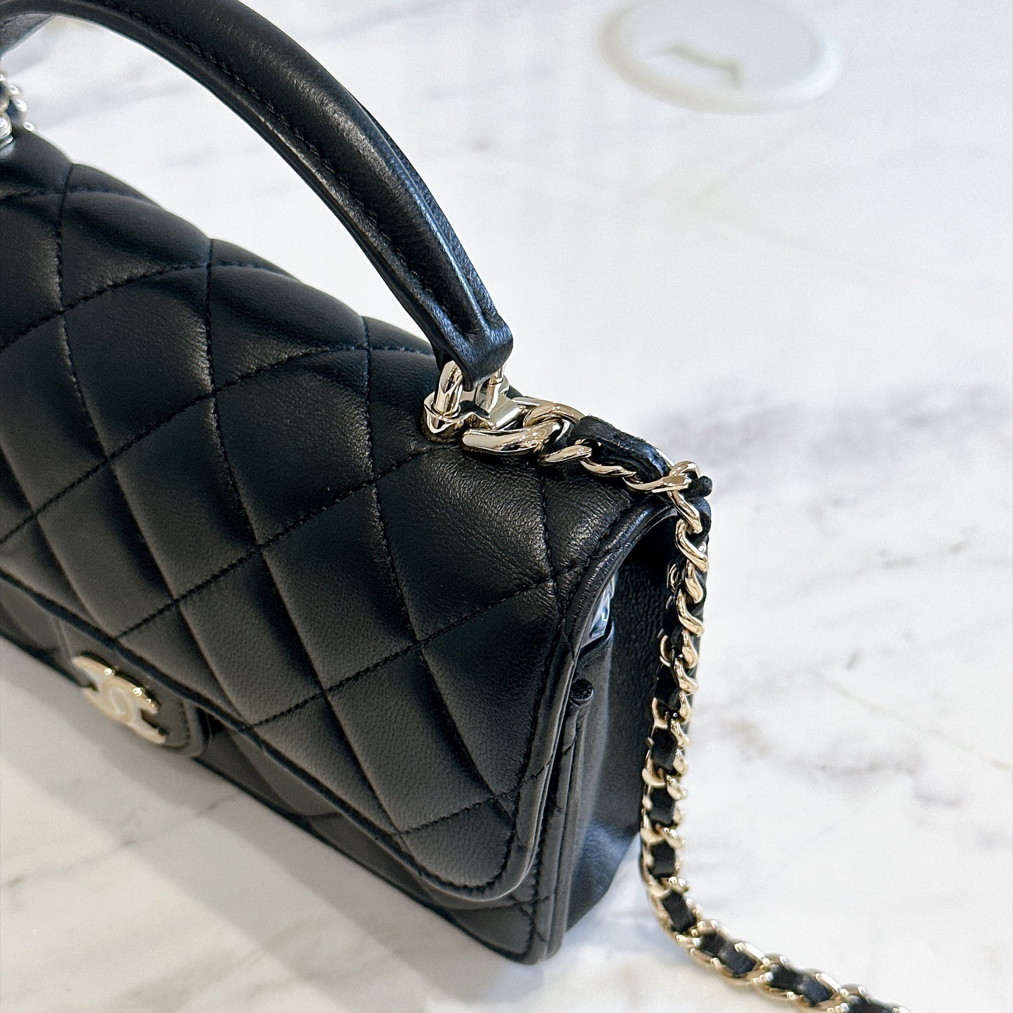 Chanel Top Handle Phone Holder in Black Lambskin