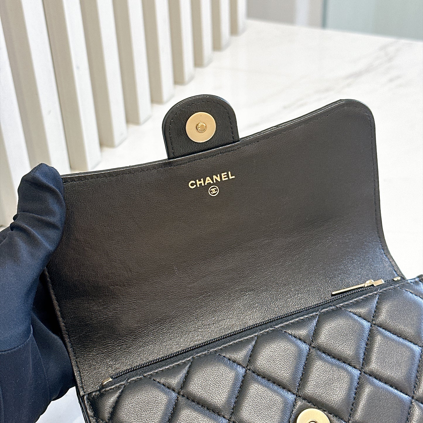 Chanel Top Handle Phone Holder in Black Lambskin