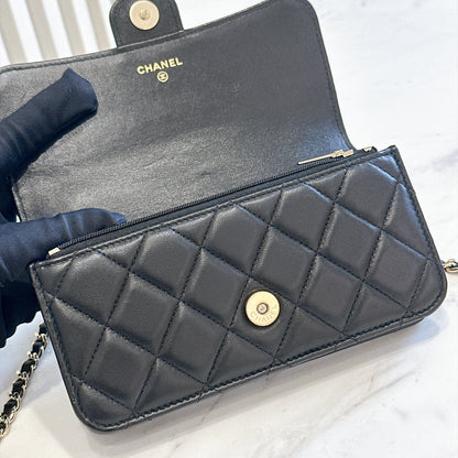 Chanel Top Handle Phone Holder in Black Lambskin