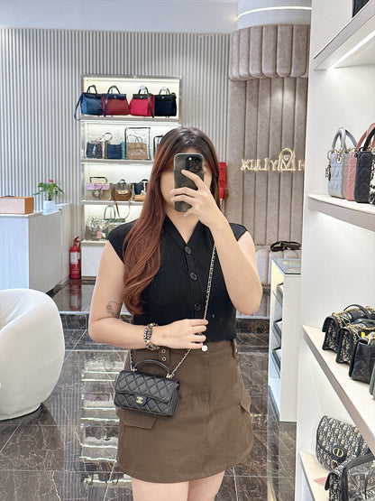 Chanel Top Handle Phone Holder in Black Lambskin