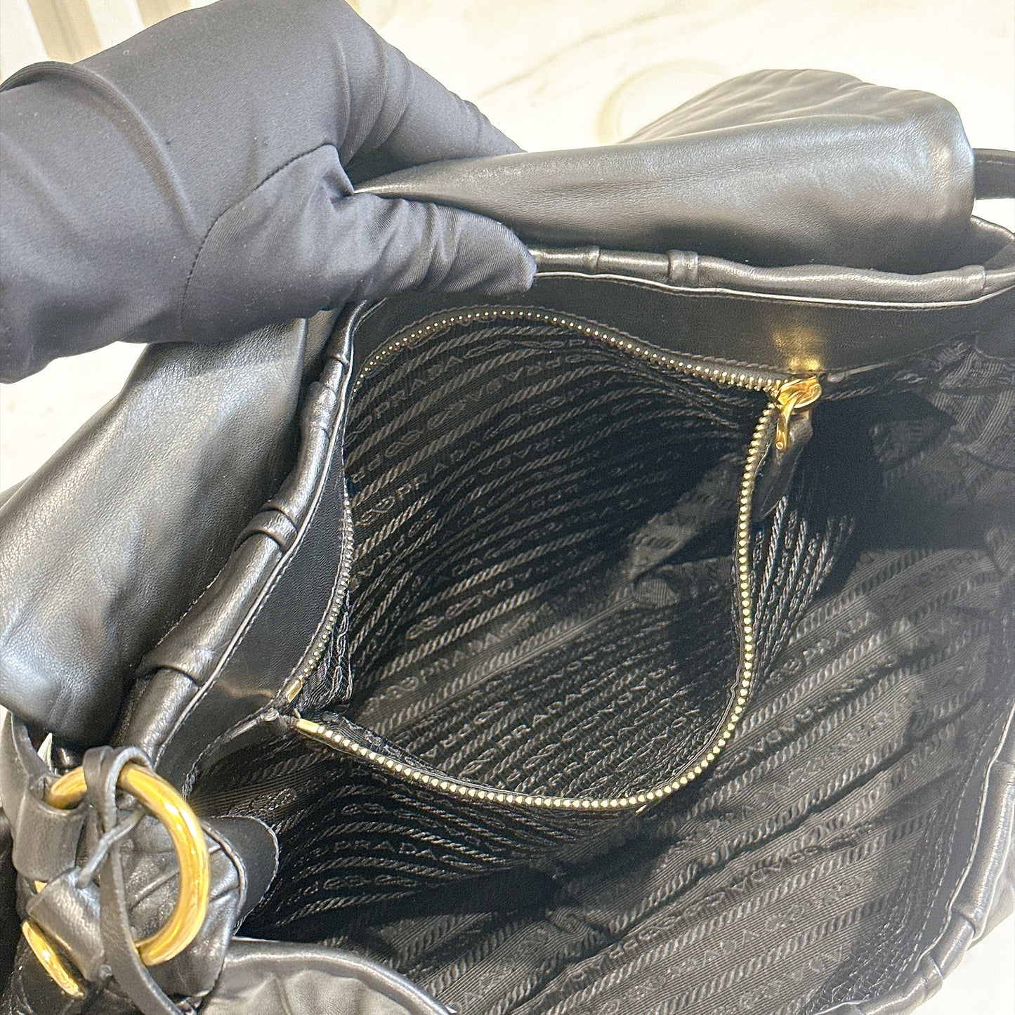 Prada Gaufre Ruched Flap Bag in Black Nappa Leather