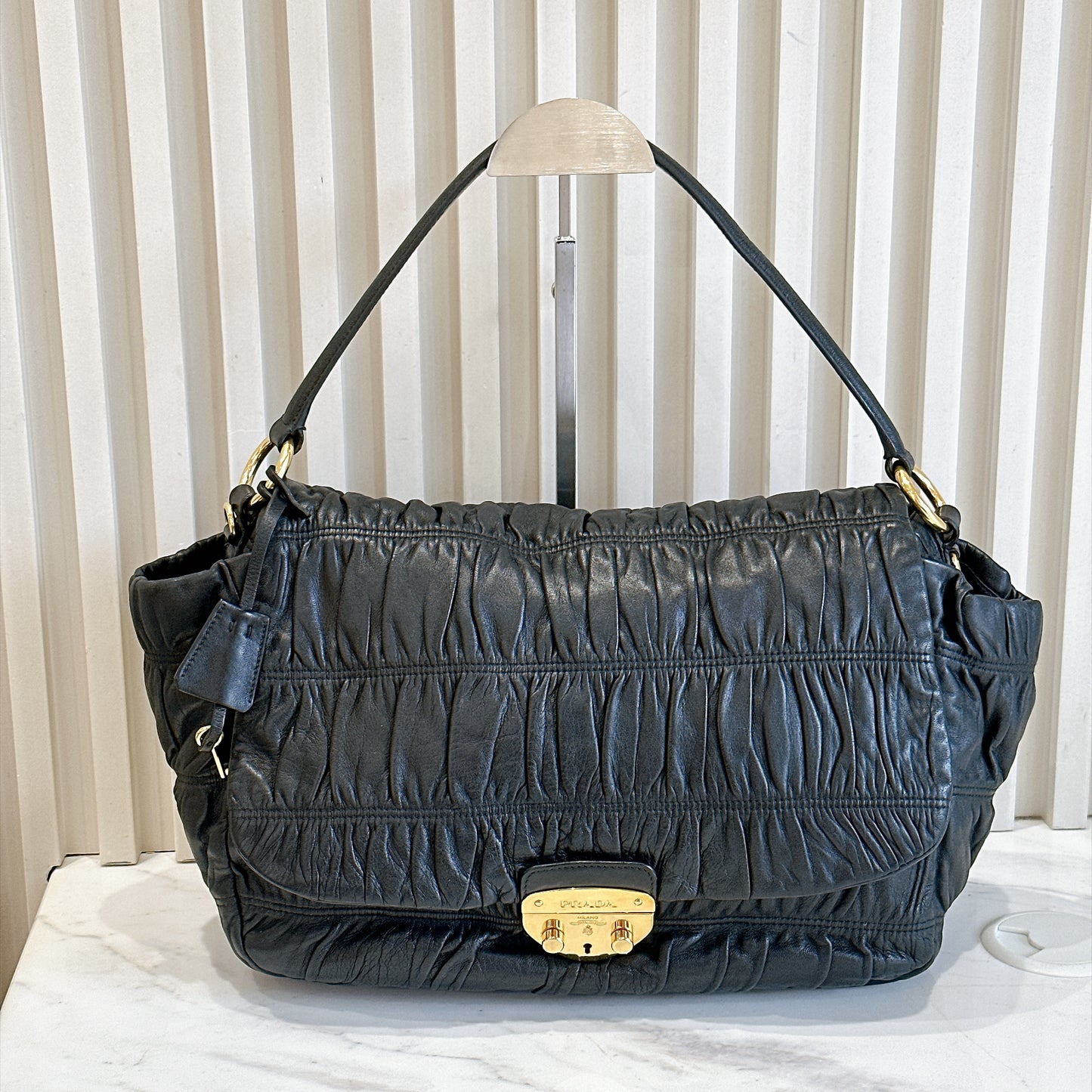 Prada Gaufre Ruched Flap Bag in Black Nappa Leather