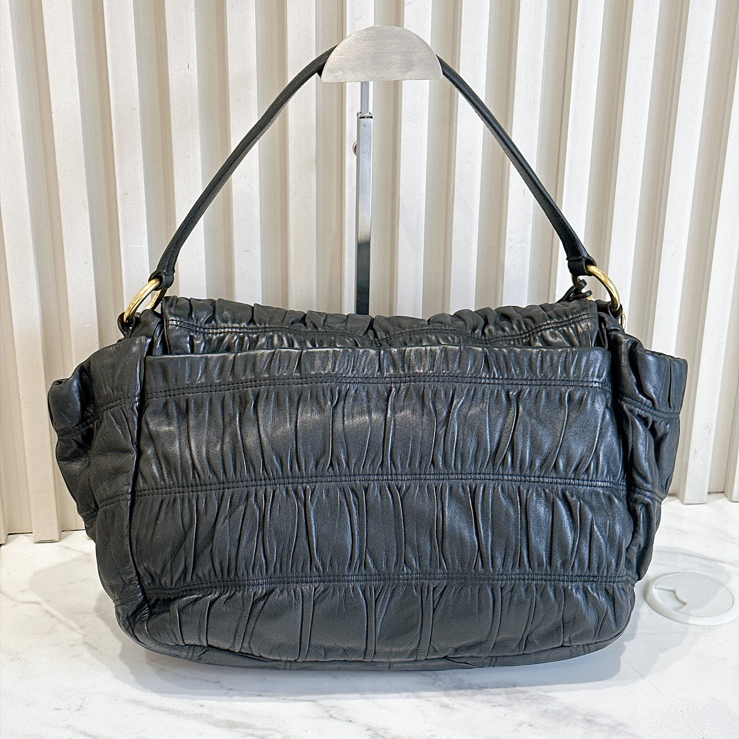 Prada Gaufre Ruched Flap Bag in Black Nappa Leather