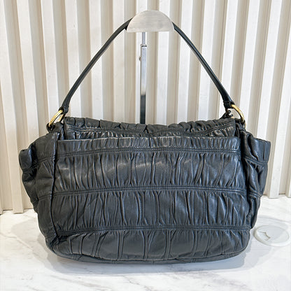 Prada Gaufre Ruched Flap Bag in Black Nappa Leather