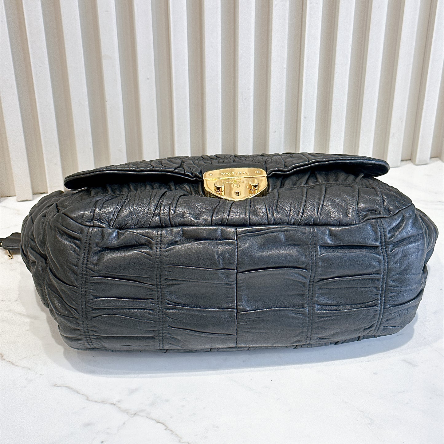 Prada Gaufre Ruched Flap Bag in Black Nappa Leather