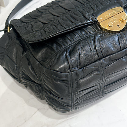 Prada Gaufre Ruched Flap Bag in Black Nappa Leather