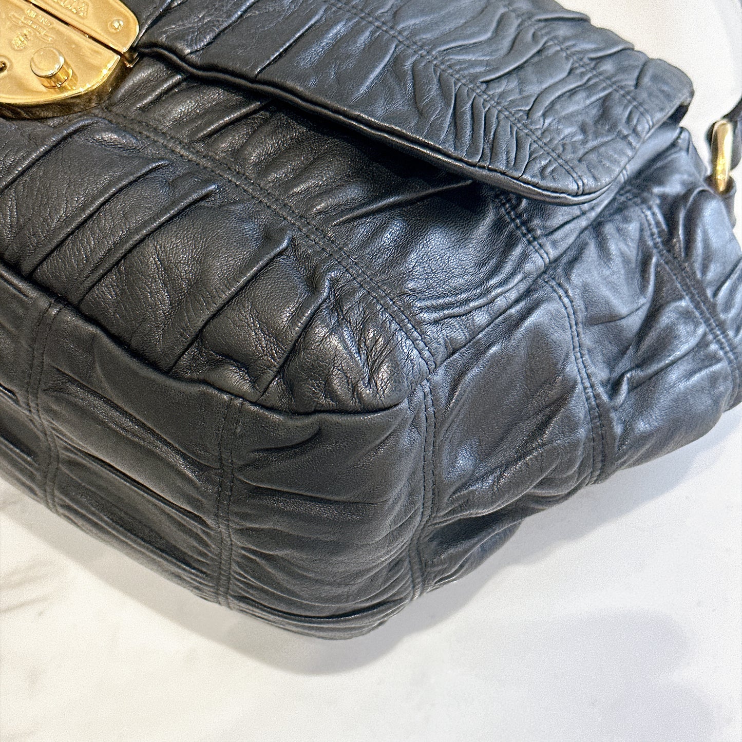 Prada Gaufre Ruched Flap Bag in Black Nappa Leather