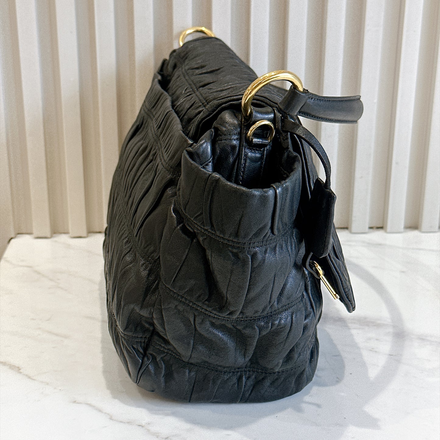 Prada Gaufre Ruched Flap Bag in Black Nappa Leather