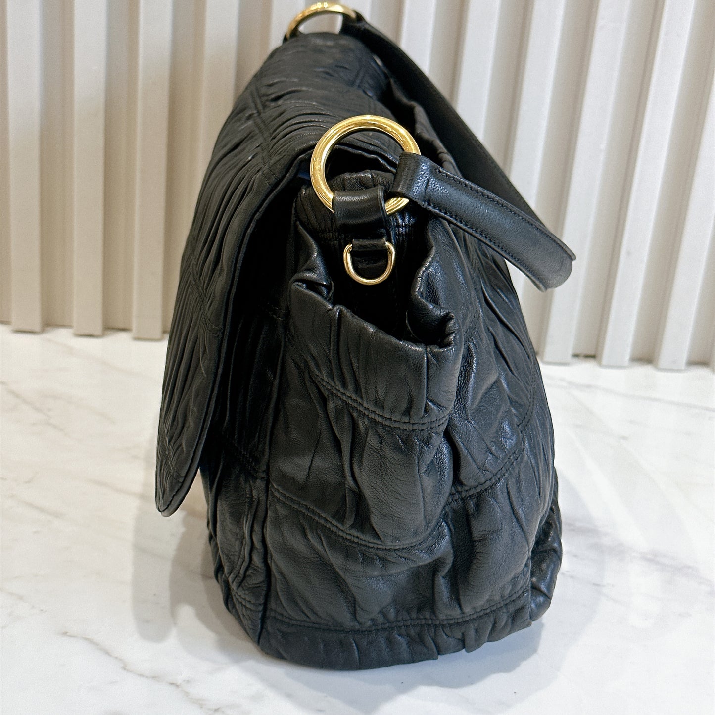 Prada Gaufre Ruched Flap Bag in Black Nappa Leather