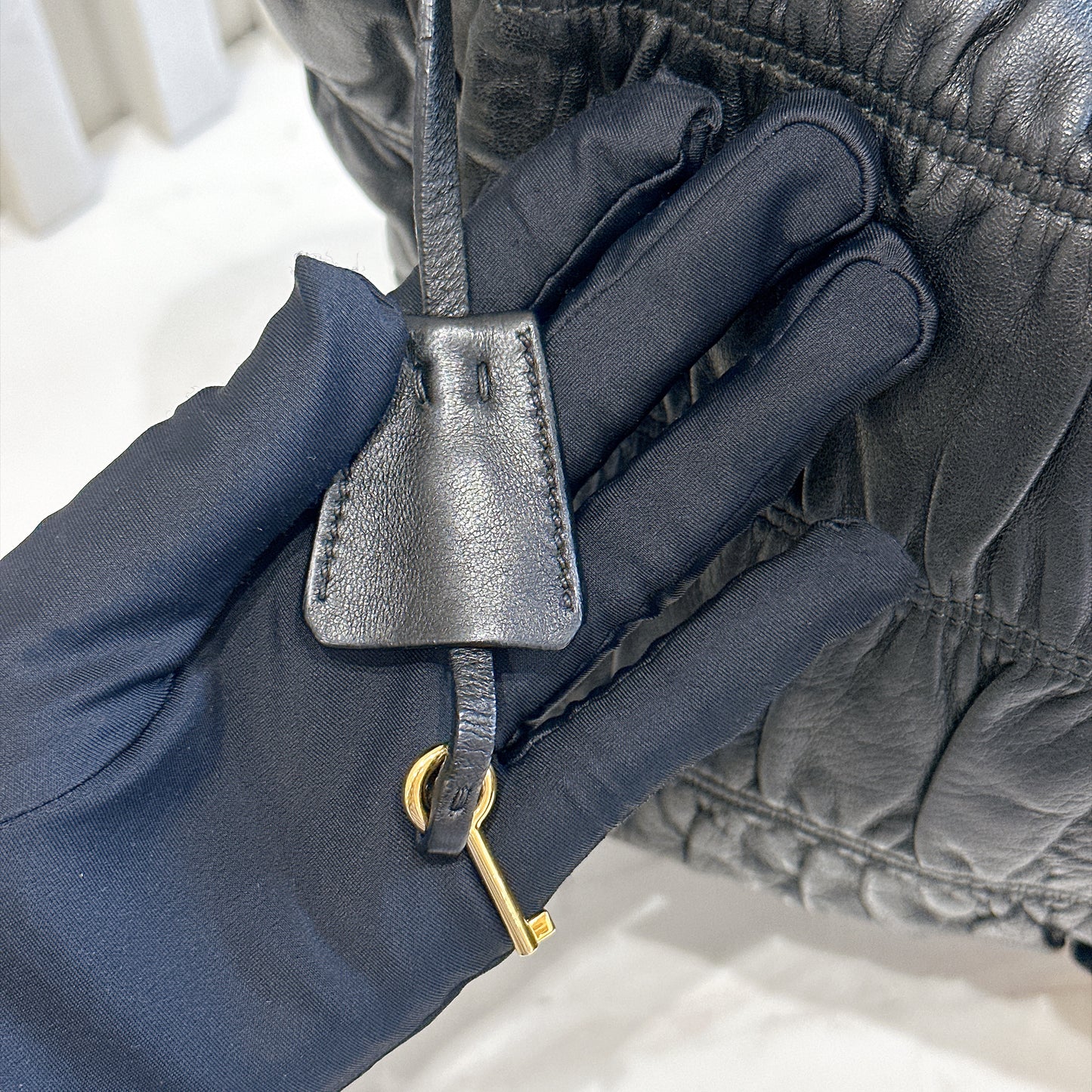Prada Gaufre Ruched Flap Bag in Black Nappa Leather