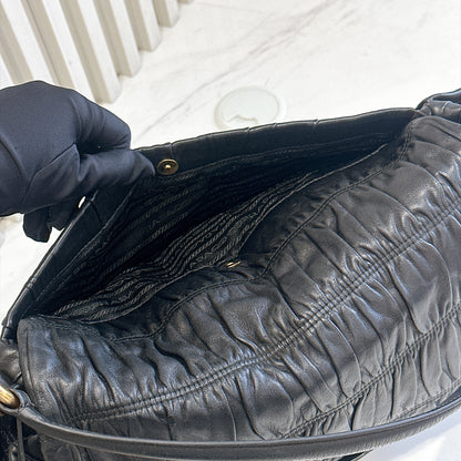 Prada Gaufre Ruched Flap Bag in Black Nappa Leather