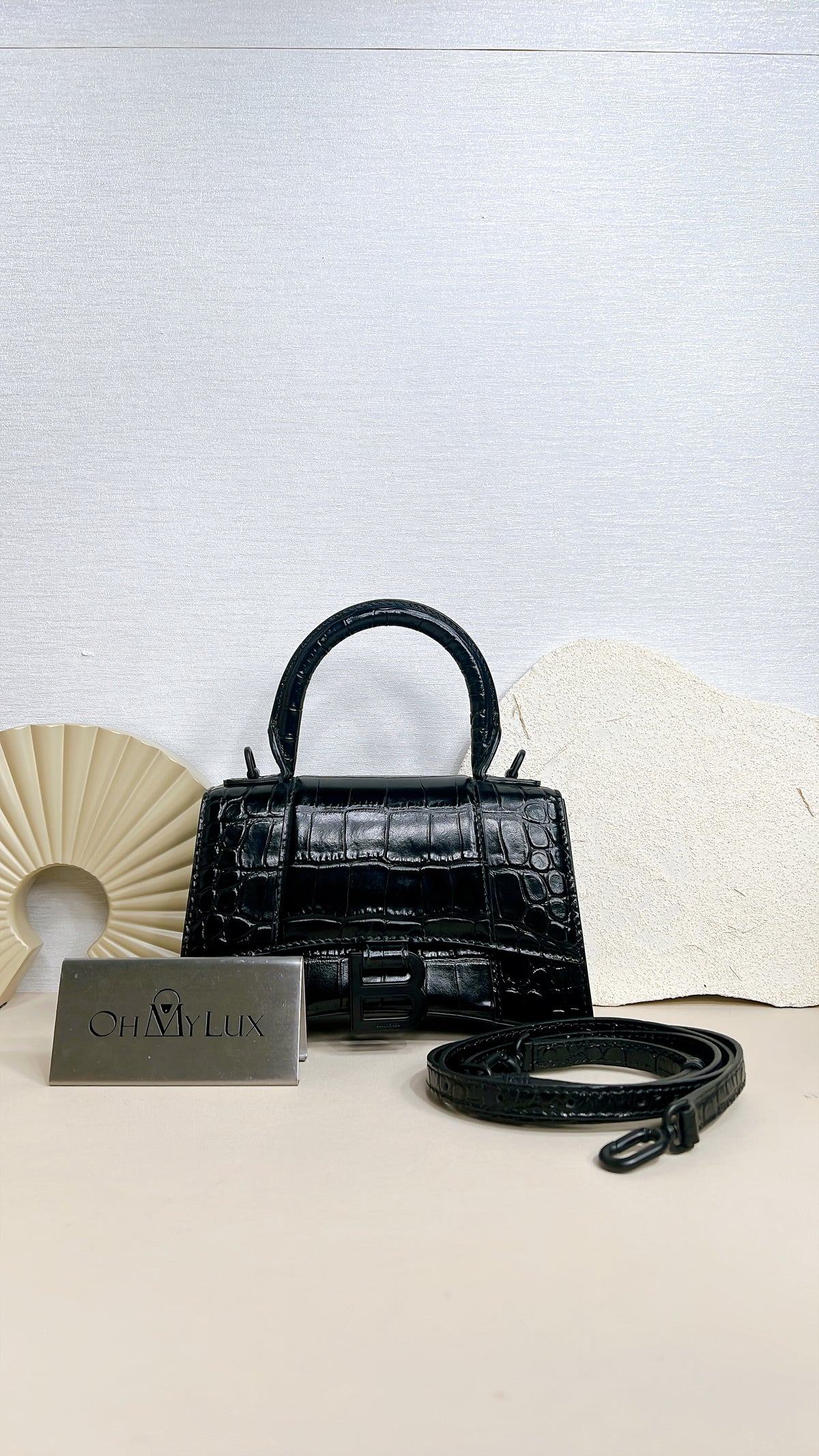 Balenciaga Hourglass XS in Black Crocodile Embossed
