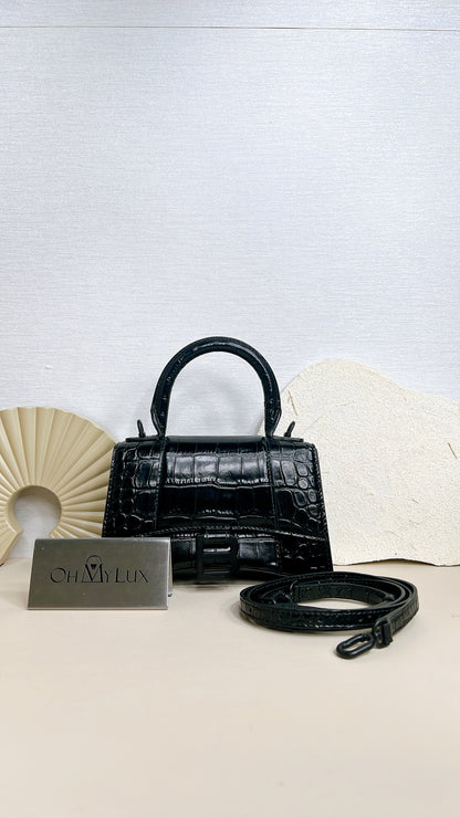 Balenciaga Hourglass XS in Black Crocodile Embossed