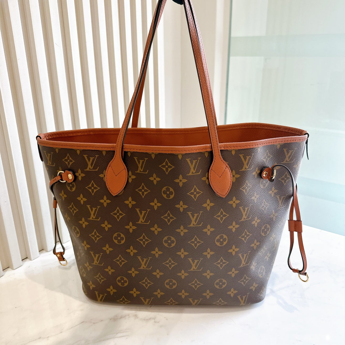 LV Neverfull Inside Out MM in Tan