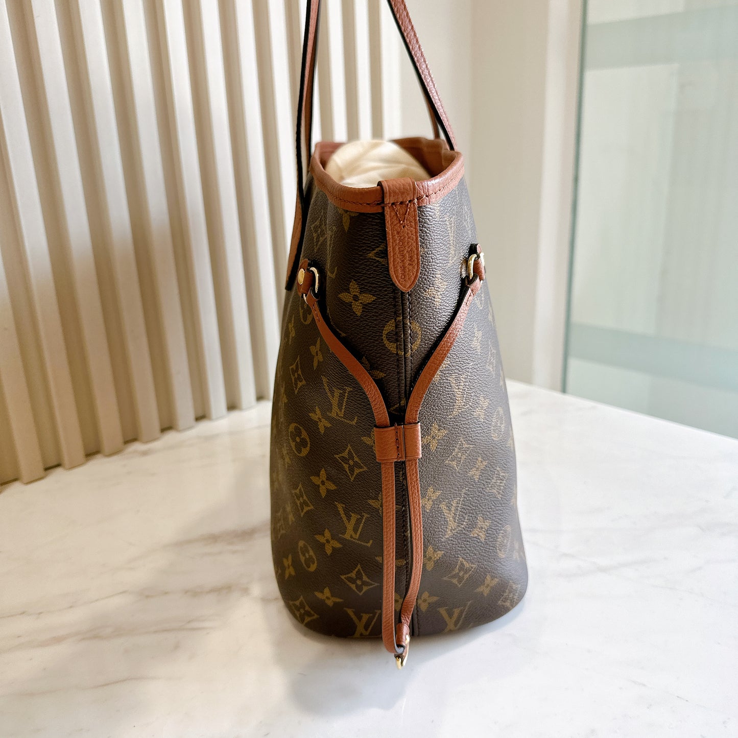 LV Neverfull Inside Out MM in Tan