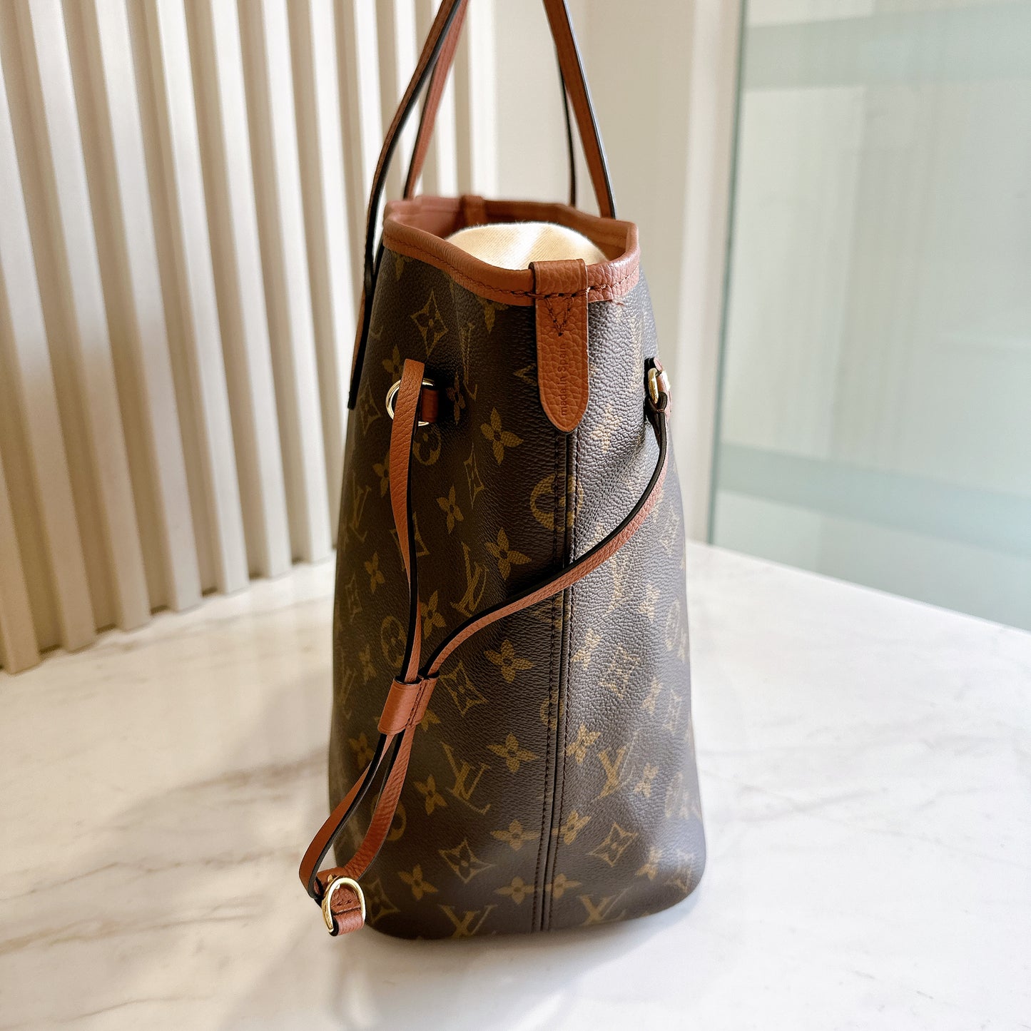 LV Neverfull Inside Out MM in Tan