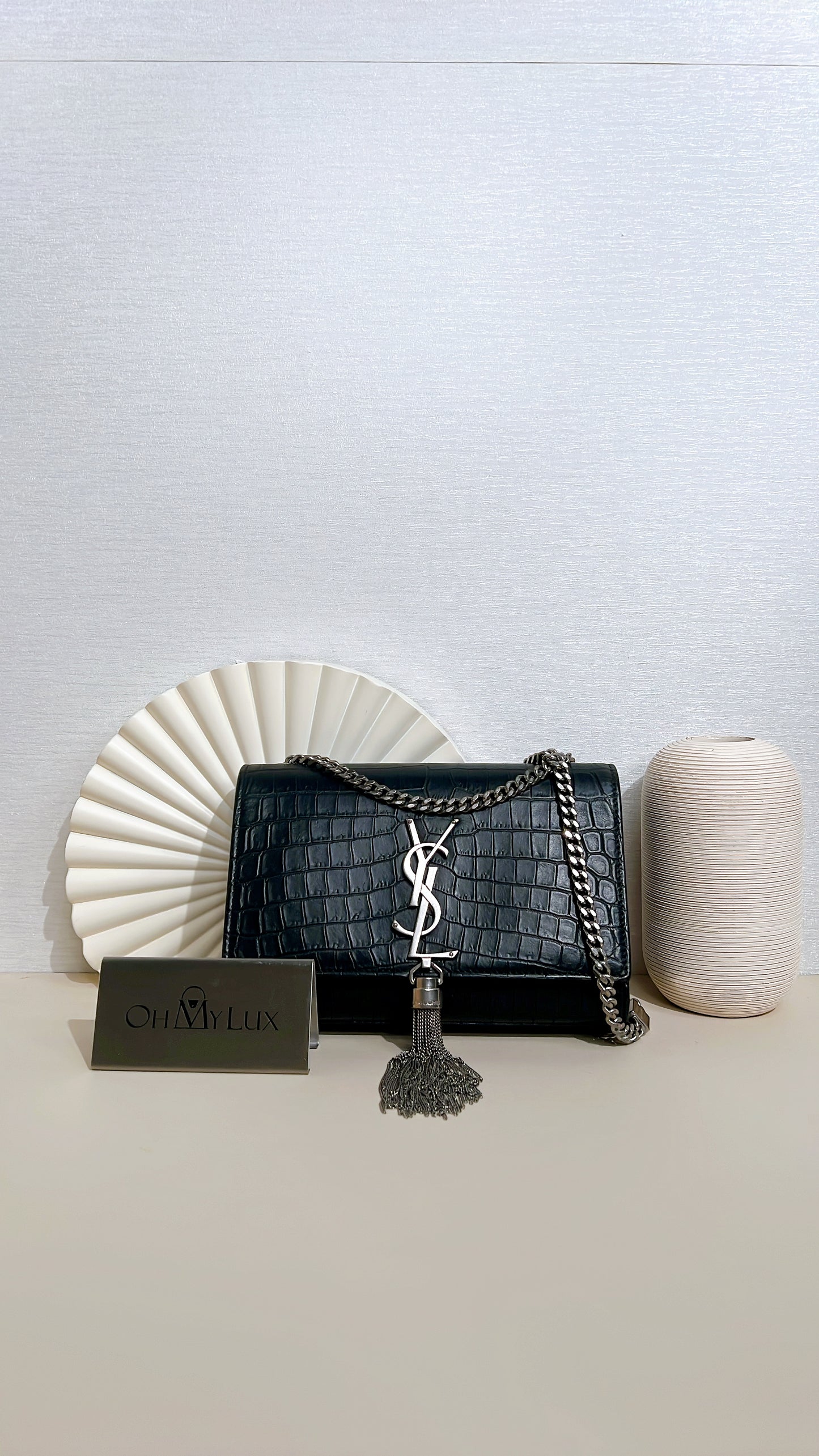 YSL Kate Tassel Croc Embossed Black in SHW