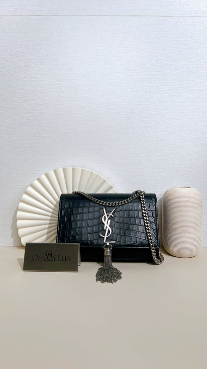 YSL Kate Tassel Croc Embossed Black in SHW